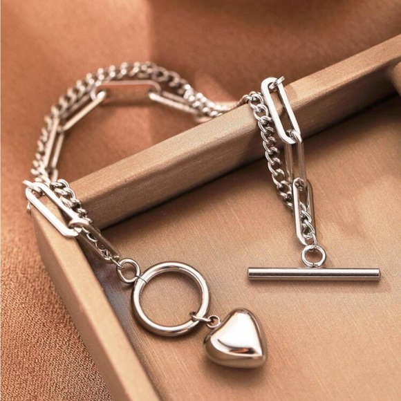 Silver Tone Heart Paperclip Chain Stainless Steel Bracelet - Picture 2 of 5